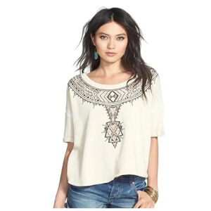 Free People Avalon Boatneck Embroidered Boho Crop Tribal Short Sleeve T-Shirt XS